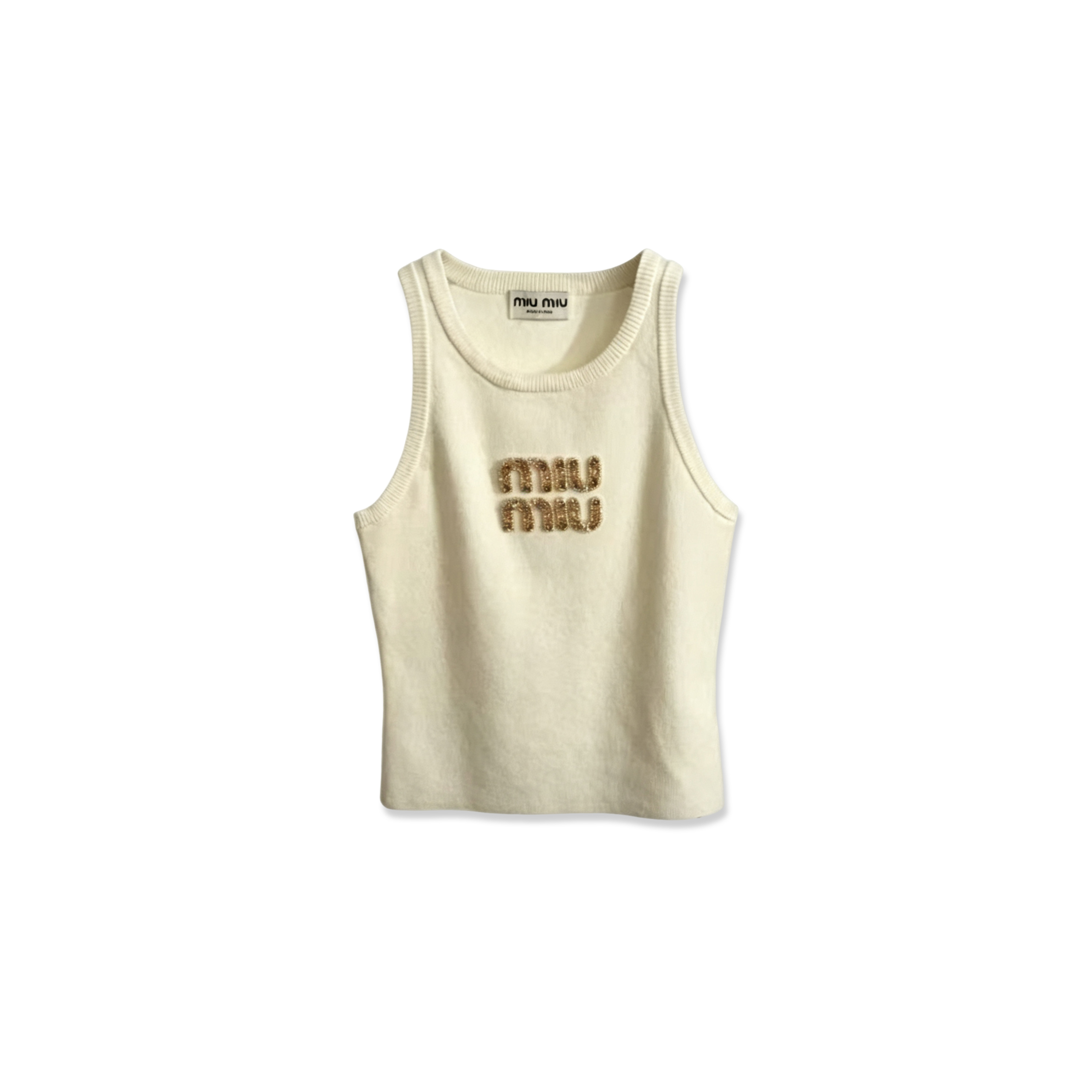 MIU MIU CRYSTAL EMBELLISHED LOGO RIBBED KNIT TANK TOP BYV778